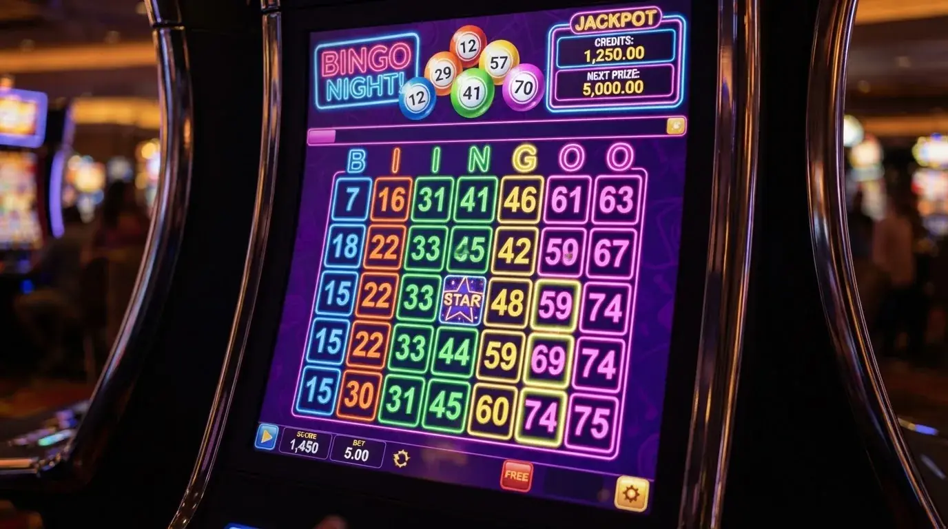 Ekran automatu do gry z kolorową planszą w stylu bingo i podświetlonymi liczbami