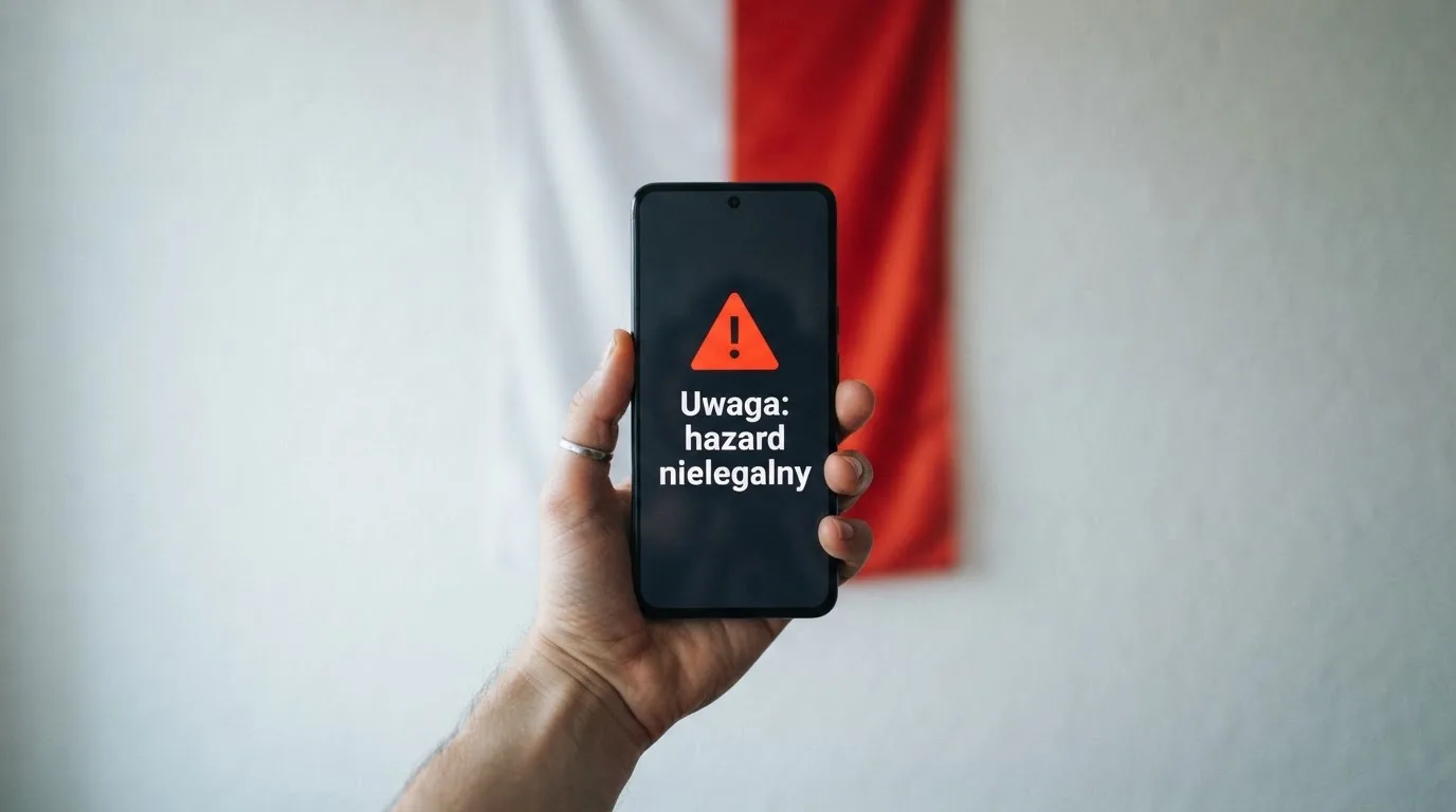 Dłoń trzymająca telefon z widocznym komunikatem ostrzegawczym o legalności hazardu online na tle biało-czerwonej flagi Polski.