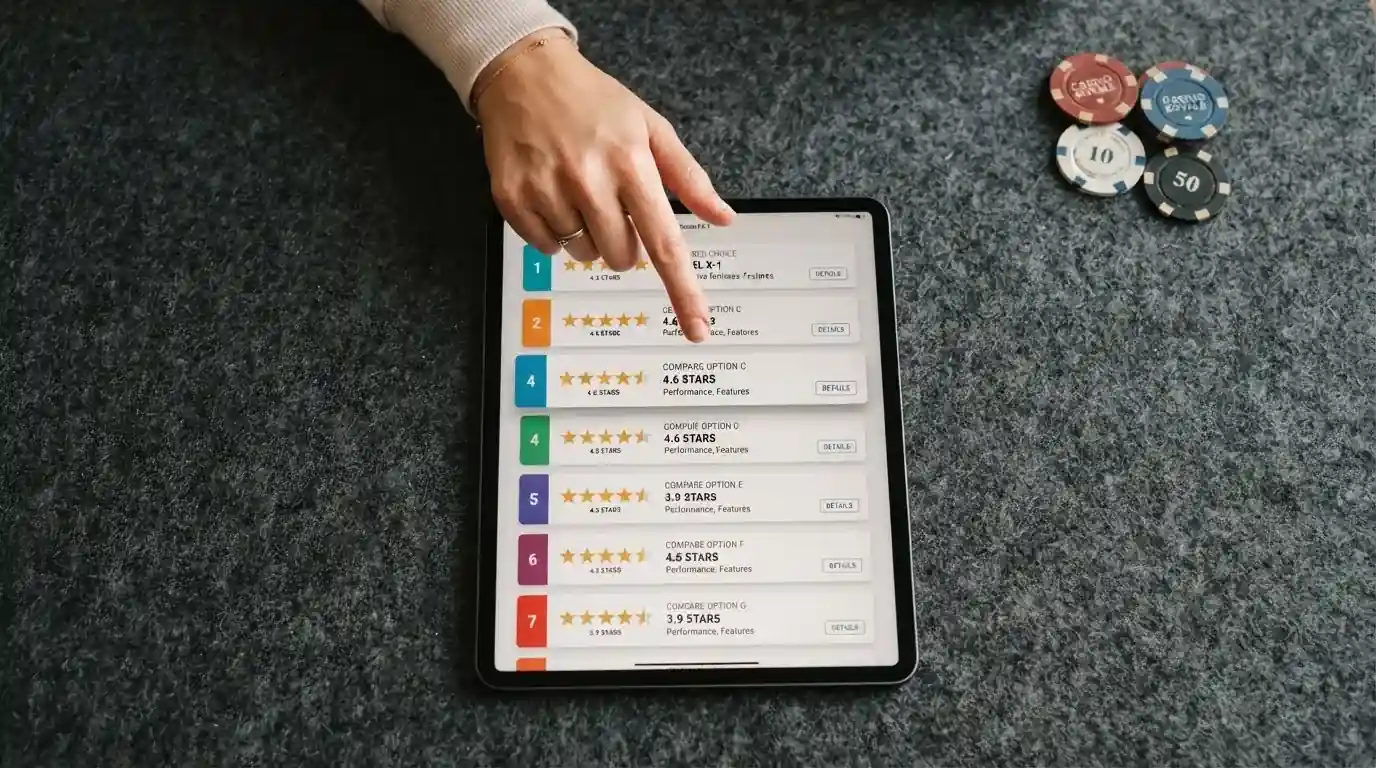 Ranking dziesięciu kart operatorów online ułożonych od najwyżej do najniżej ocenionego na ekranie tabletu.