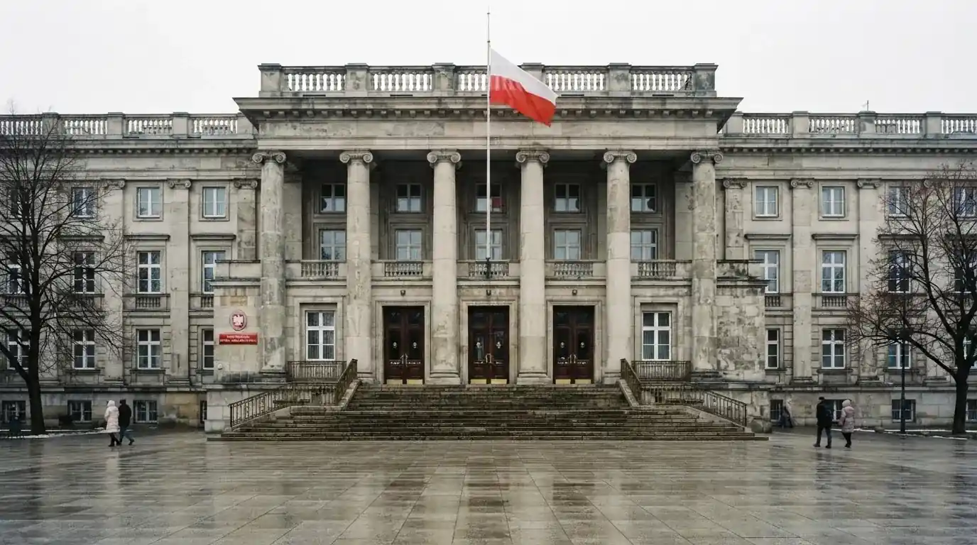 Fasada budynku instytucji państwowej z flagą Polski, symbol nadzoru regulatora nad rynkiem gier hazardowych
