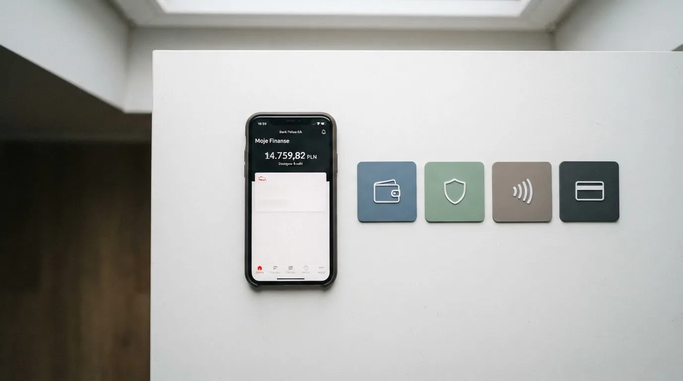 Ikony popularnych elektronicznych portfeli płatniczych obok telefonu z otwartą aplikacją bankową