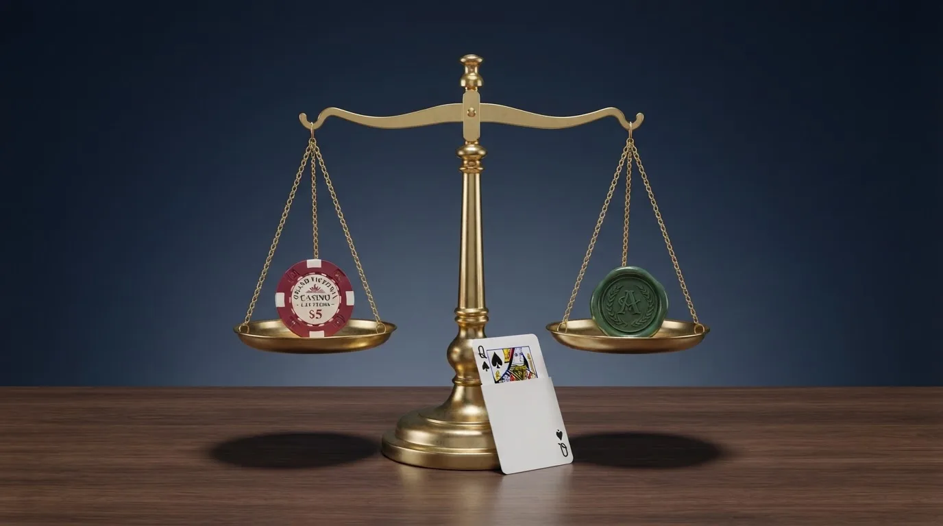 Waga i pieczęć obok napisu o państwowym monopolu na kasyno online