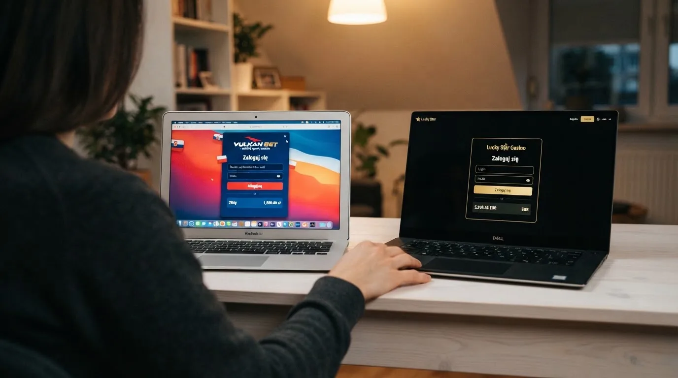 Dwa ekrany logowania kasyna online obok siebie na biurku, jeden z polskim interfejsem złotówkowym, symbolizujące porównanie dwóch różnych serwisów