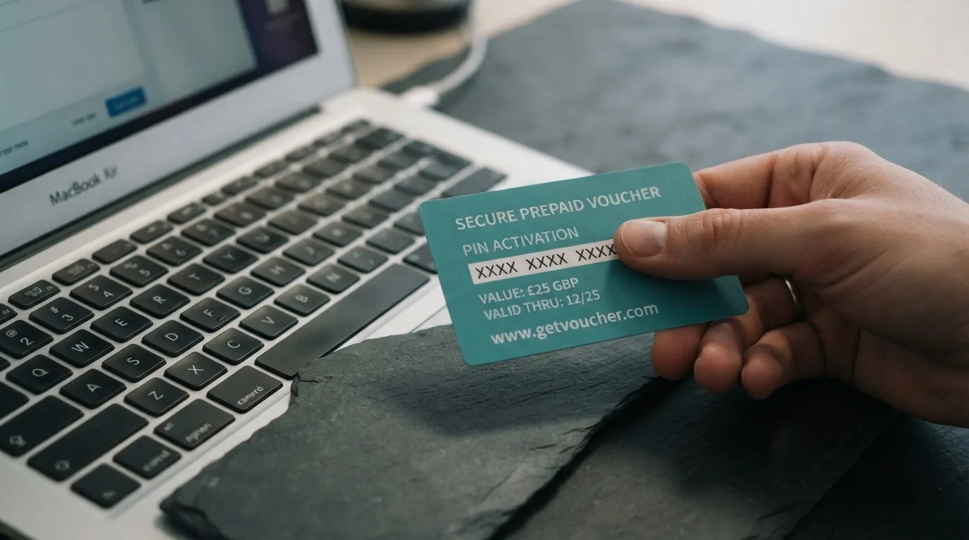 Karta przedpłacona Paysafecard z zasłoniętym polem kodu PIN obok klawiatury laptopa