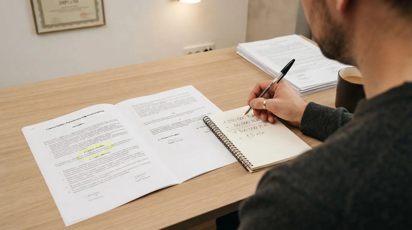 Wydruk kodeksu karnego skarbowego z zakreślonym artykułem obok kalkulatora i długopisu na biurku