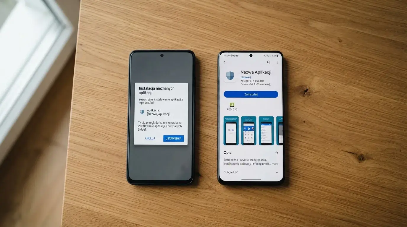 Dwa telefony obok siebie: na jednym komunikat zgody na instalację pliku APK z nieznanego źródła, na drugim strona aplikacji w sklepie z przyciskiem pobierania