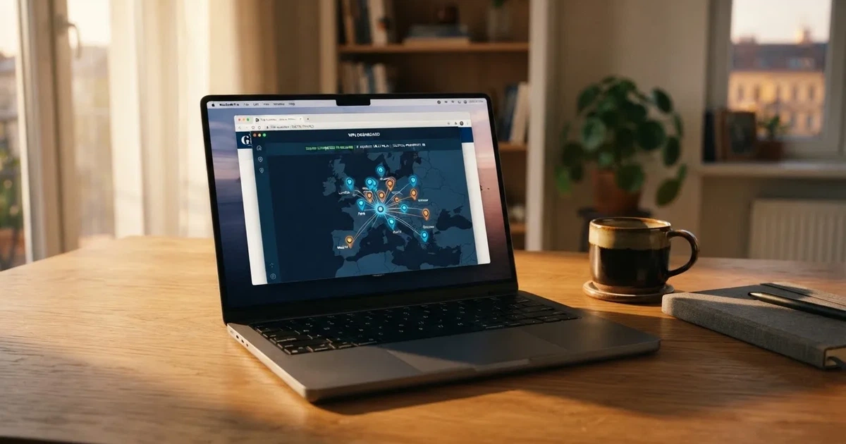 Laptop na biurku z włączoną aplikacją VPN i mapą serwerów w kilku krajach obok otwartej przeglądarki