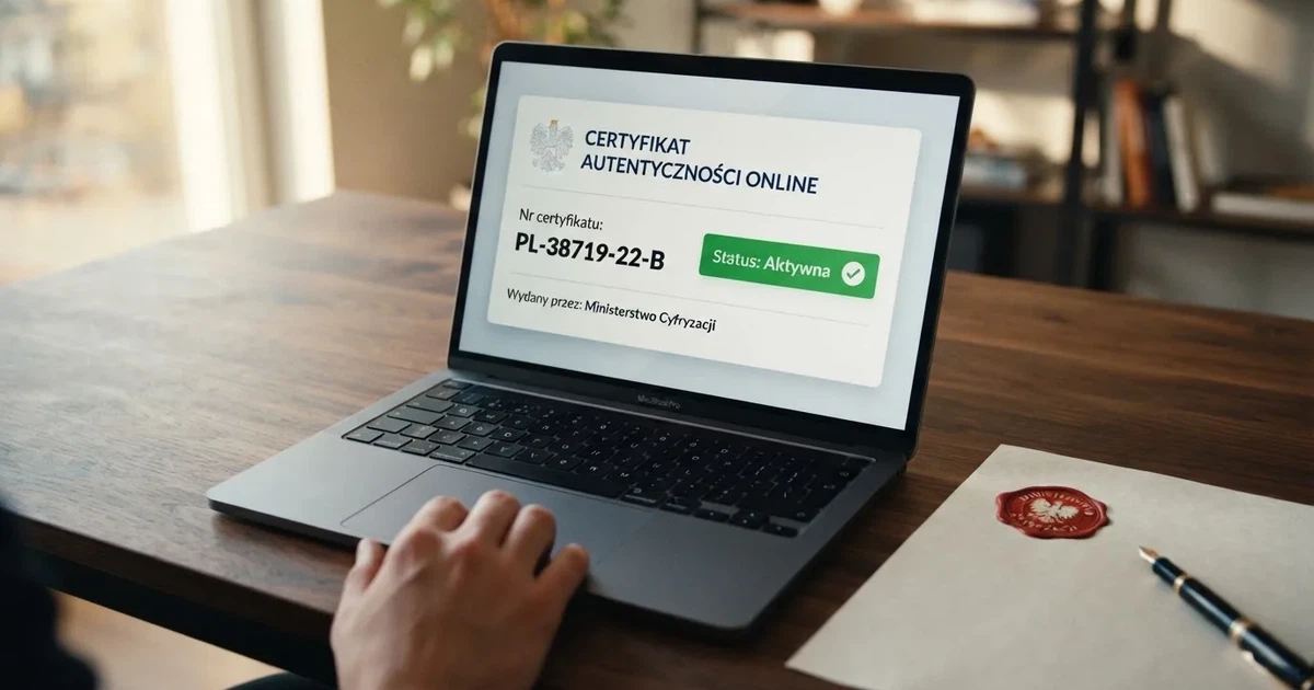 Zbliżenie ekranu z wynikiem wyszukiwania certyfikatu licencji na oficjalnym portalu regulatora, z widocznym numerem licencji i statusem