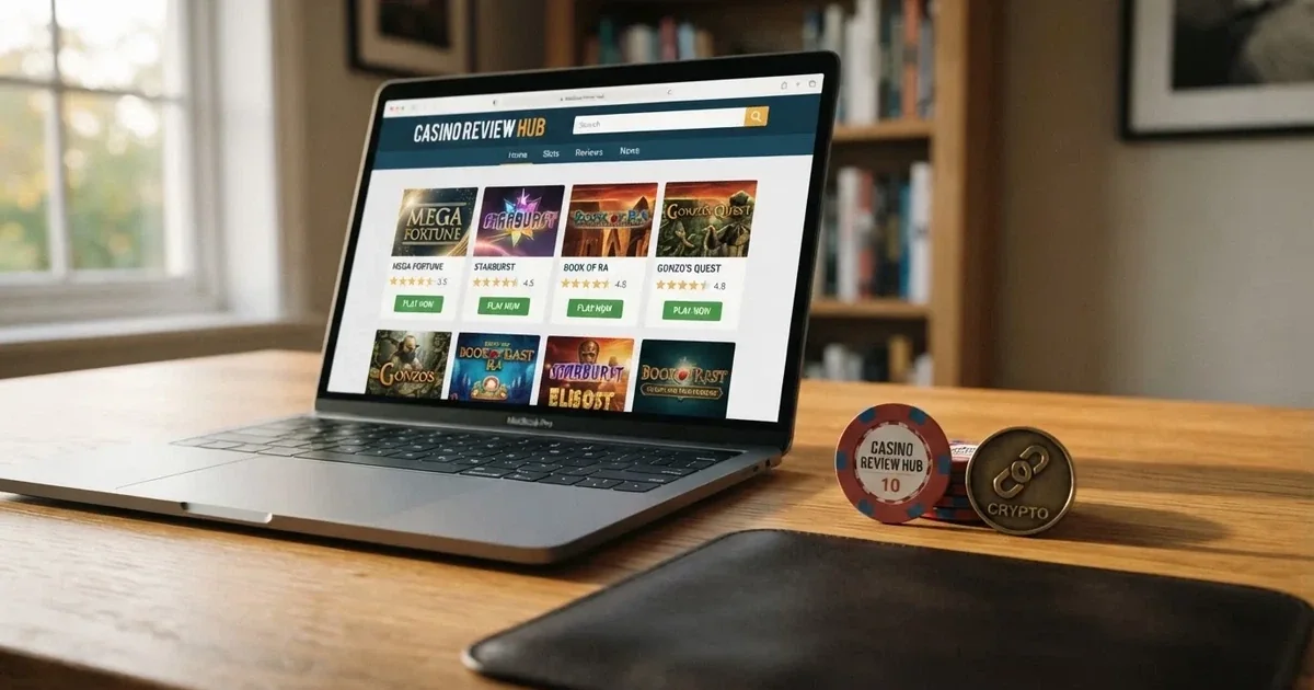 Ekran laptopa z otwartą stroną porównania kasyn online obok fizycznego żetonu i symbolu kryptowaluty Bitcoin Cash.