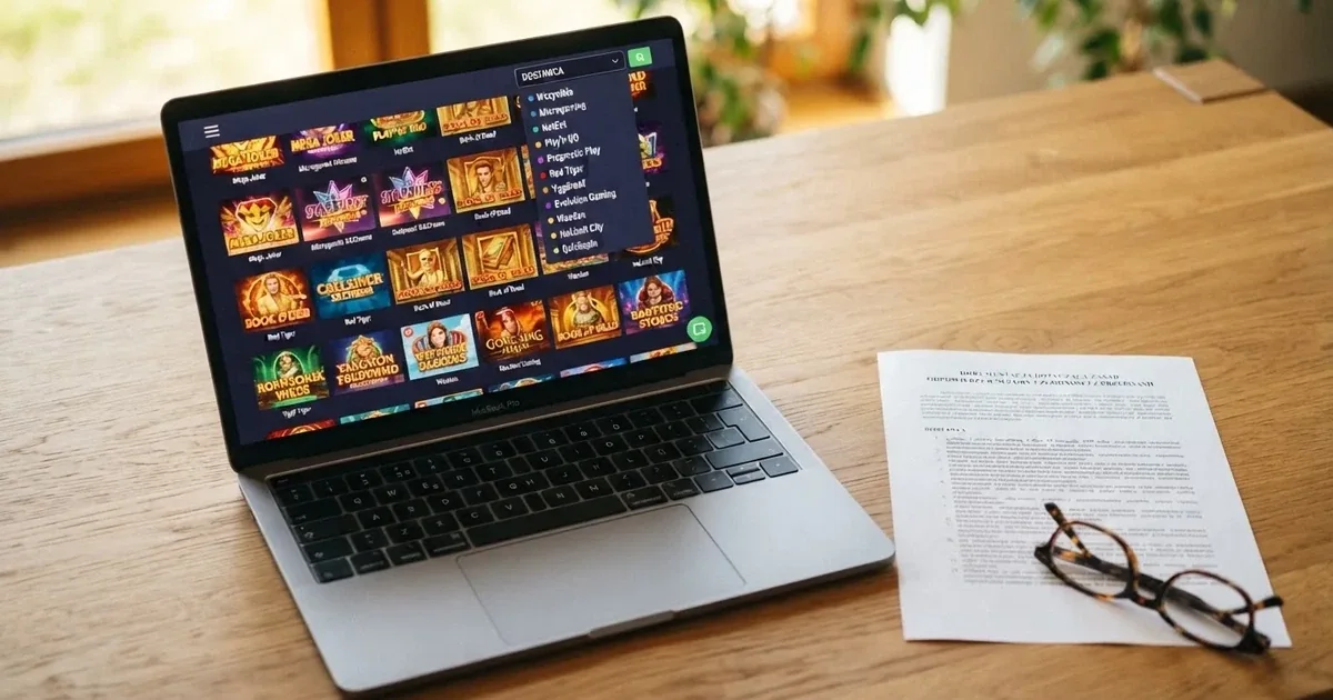 Ekran laptopa z katalogiem automatów i rozwiniętym filtrem dostawców gier, obok wydruk regulaminu gier