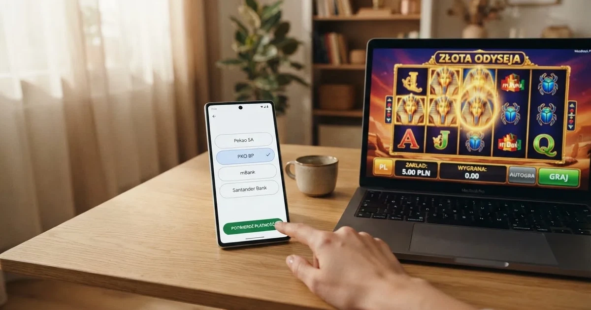 Smartfon z ekranem wyboru banku i zatwierdzania przelewu obok laptopa z otwartą stroną gry, bez logotypów