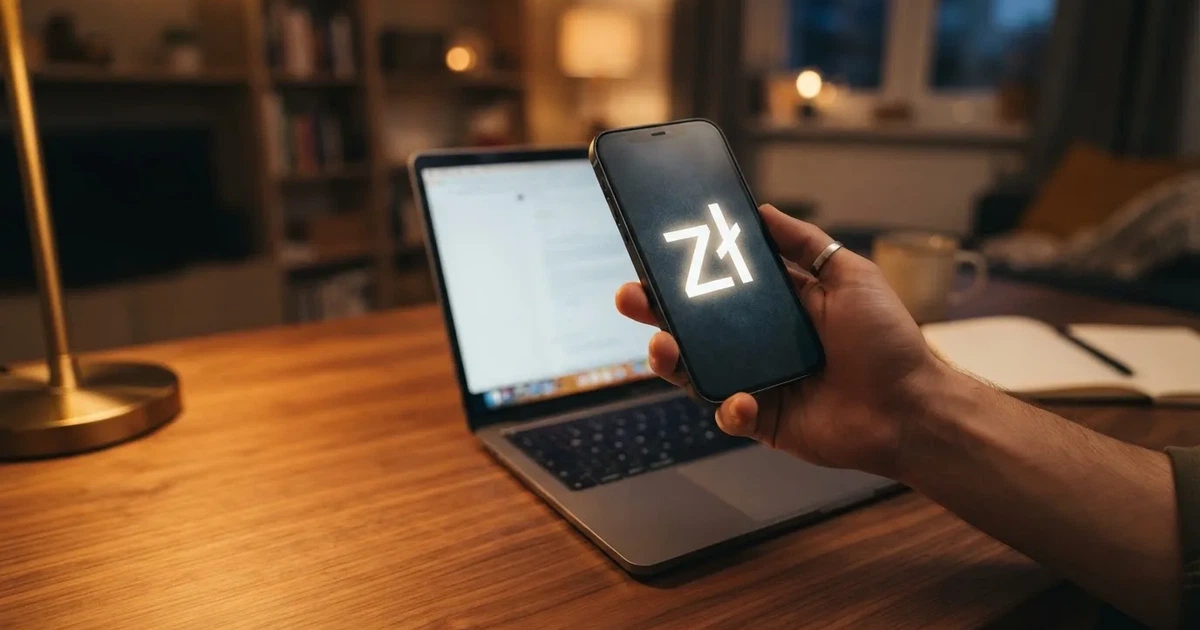 Dłoń trzymająca smartfon z ekranem płatności mobilnej nad klawiaturą laptopa