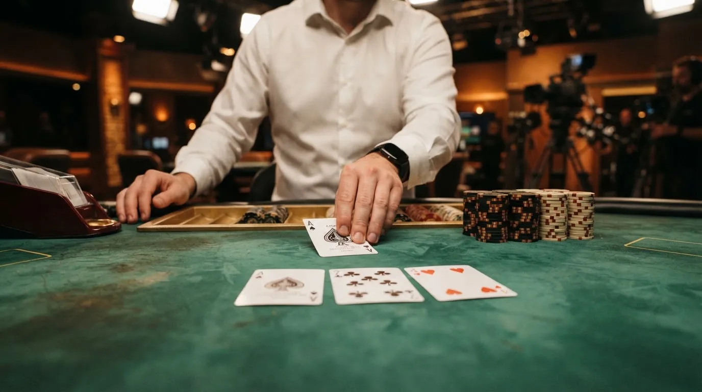 Krupier rozdający karty przy stole blackjacka podczas transmisji na żywo