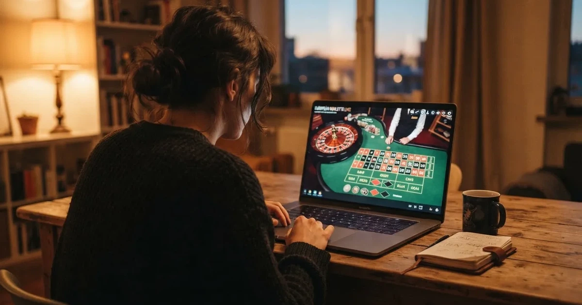 Gracz przy laptopie czyta krótkie wyjaśnienie, czym jest kasyno na żywo