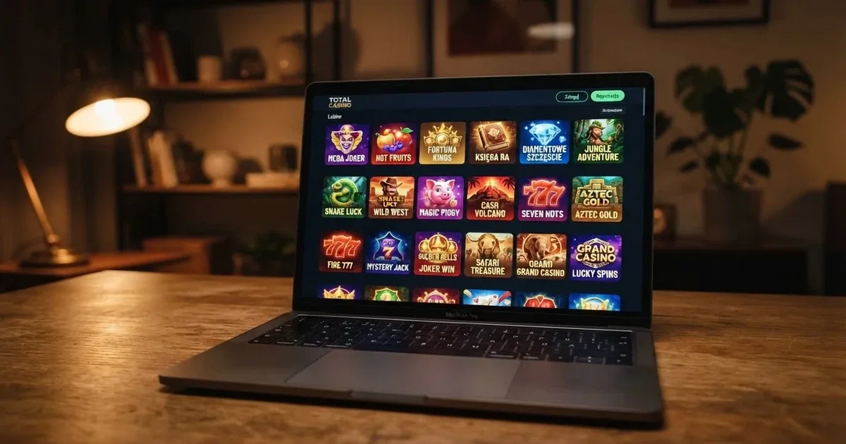widok lobby wirtualnego kasyna na ekranie laptopa z rzędami ikon gier automatów