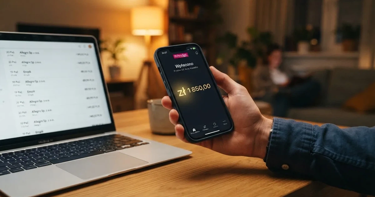 Dłoń trzymająca smartfon z aplikacją bankową pokazującą zaksięgowany przelew przychodzący, obok otwarty laptop z historią rachunku