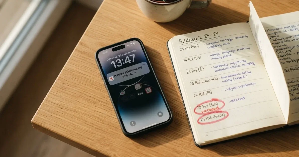 Smartfon z powiadomieniem o zaksięgowanym przelewie przychodzącym, obok papierowy kalendarz z zakreśloną sobotą i niedzielą