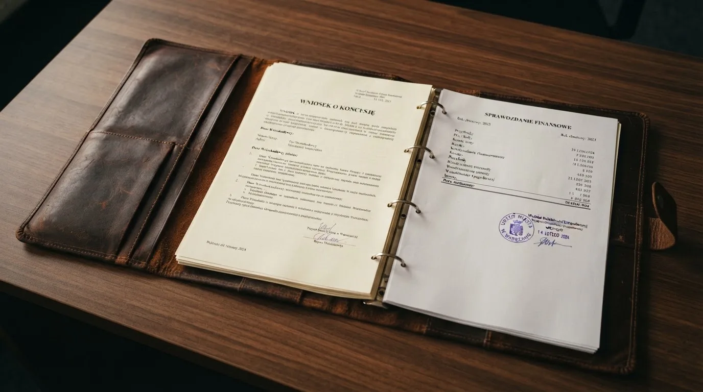 Segregator z wnioskiem o koncesję na kasyno gry, wydrukiem sprawozdania finansowego i urzędową pieczątką leżący na biurku