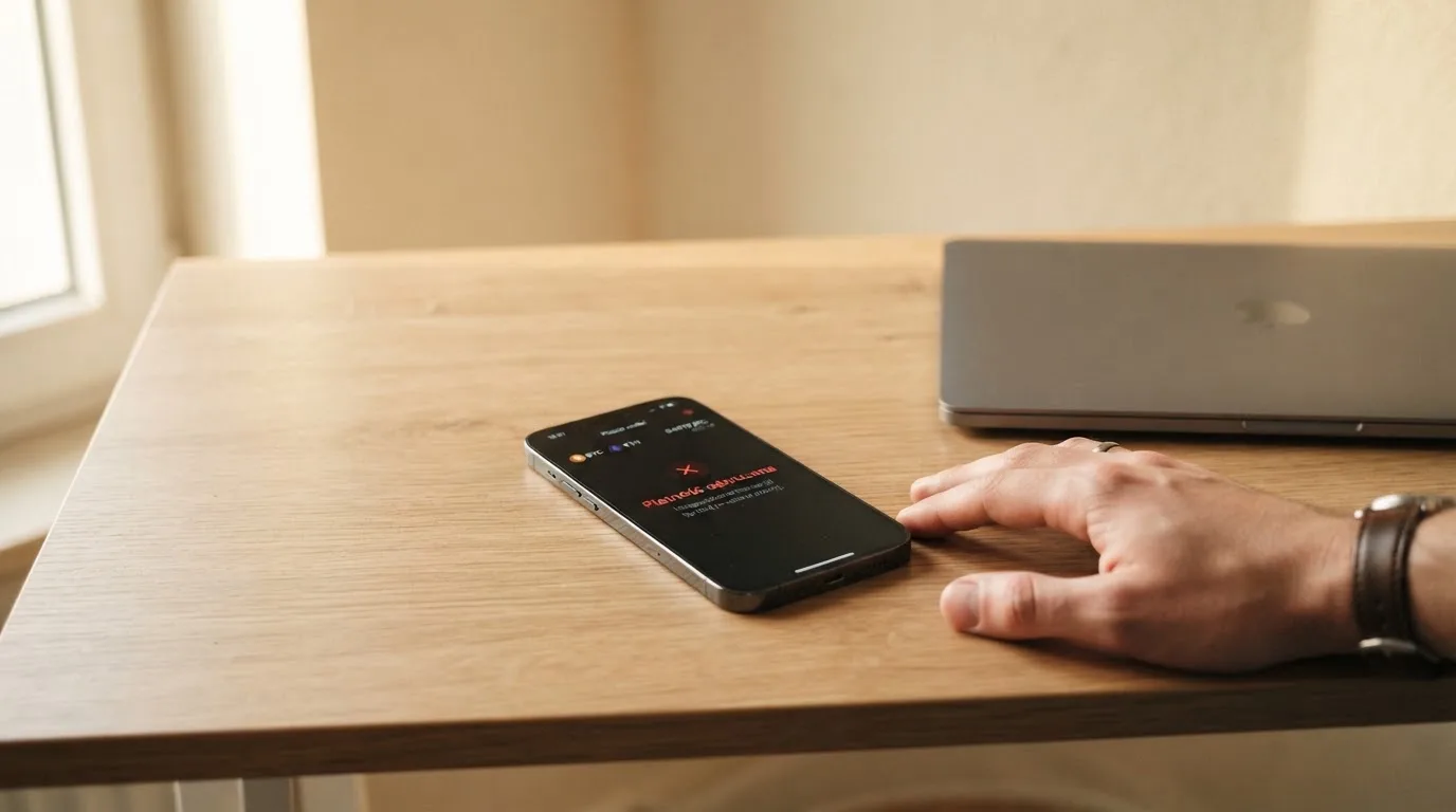 Smartfon z otwartym portfelem kryptowalut i komunikatem o odrzuconej płatności leżący obok laptopa