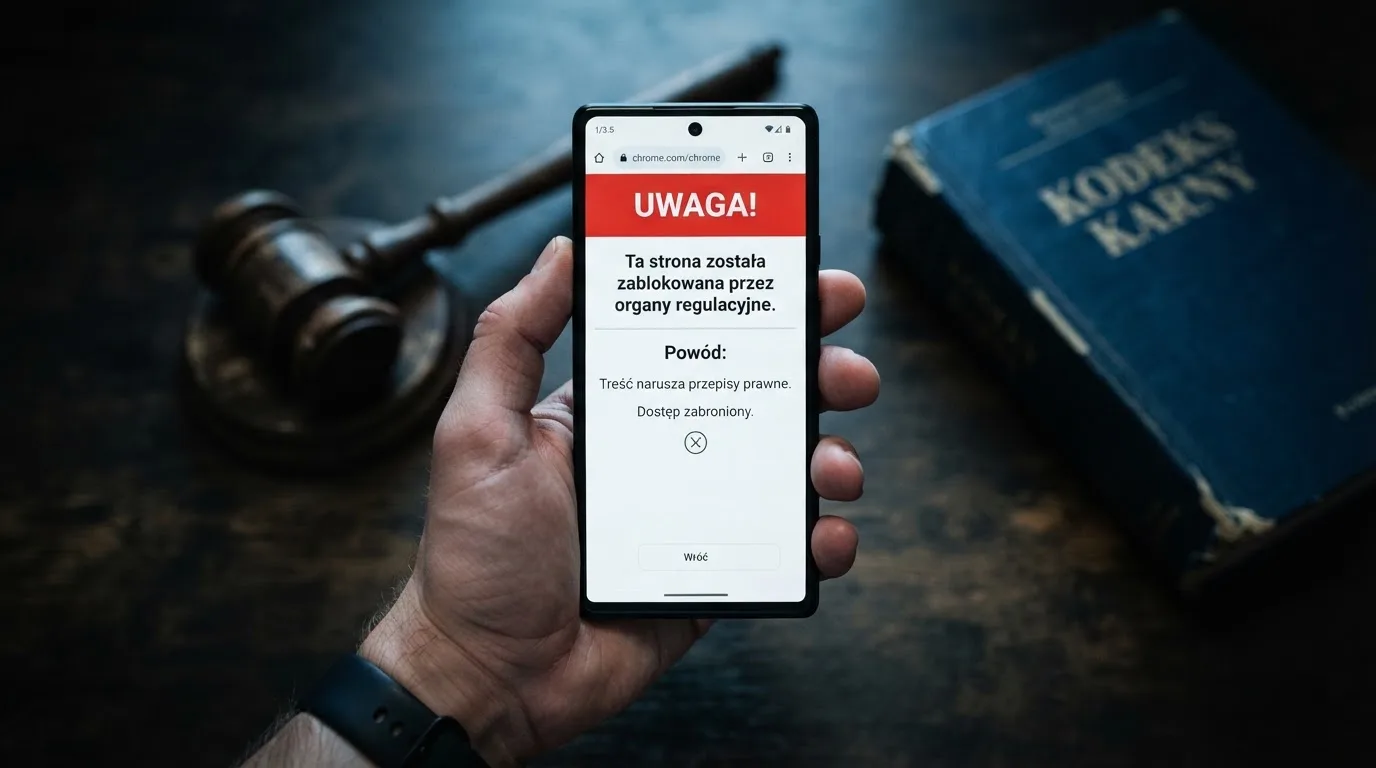 Dłoń trzymająca smartfon z komunikatem o zablokowanej stronie, w tle drewniany młotek sędziowski i kodeks