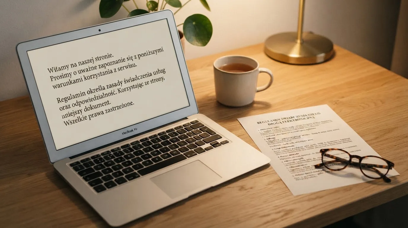 Dokument regulaminu operatora kasyna online rozłożony obok laptopa z otwartą stroną warunków gry