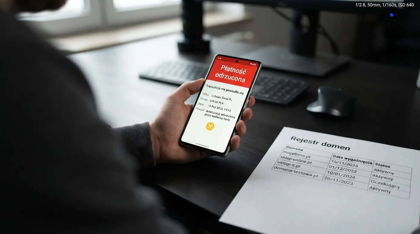 Telefon z komunikatem o odrzuconej płatności na ekranie, obok wydruk tabeli z listą zablokowanych adresów stron