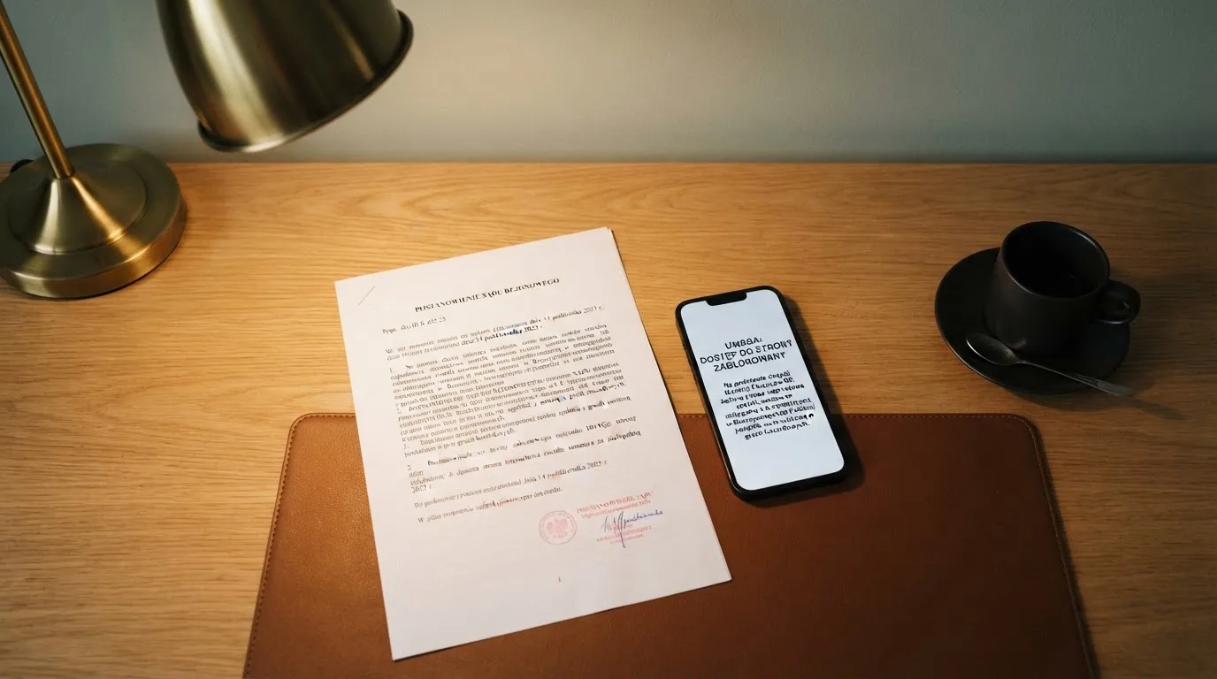 Biurko z wydrukiem ustawy o grach hazardowych i telefonem wyświetlającym komunikat o zablokowanej stronie kasyna