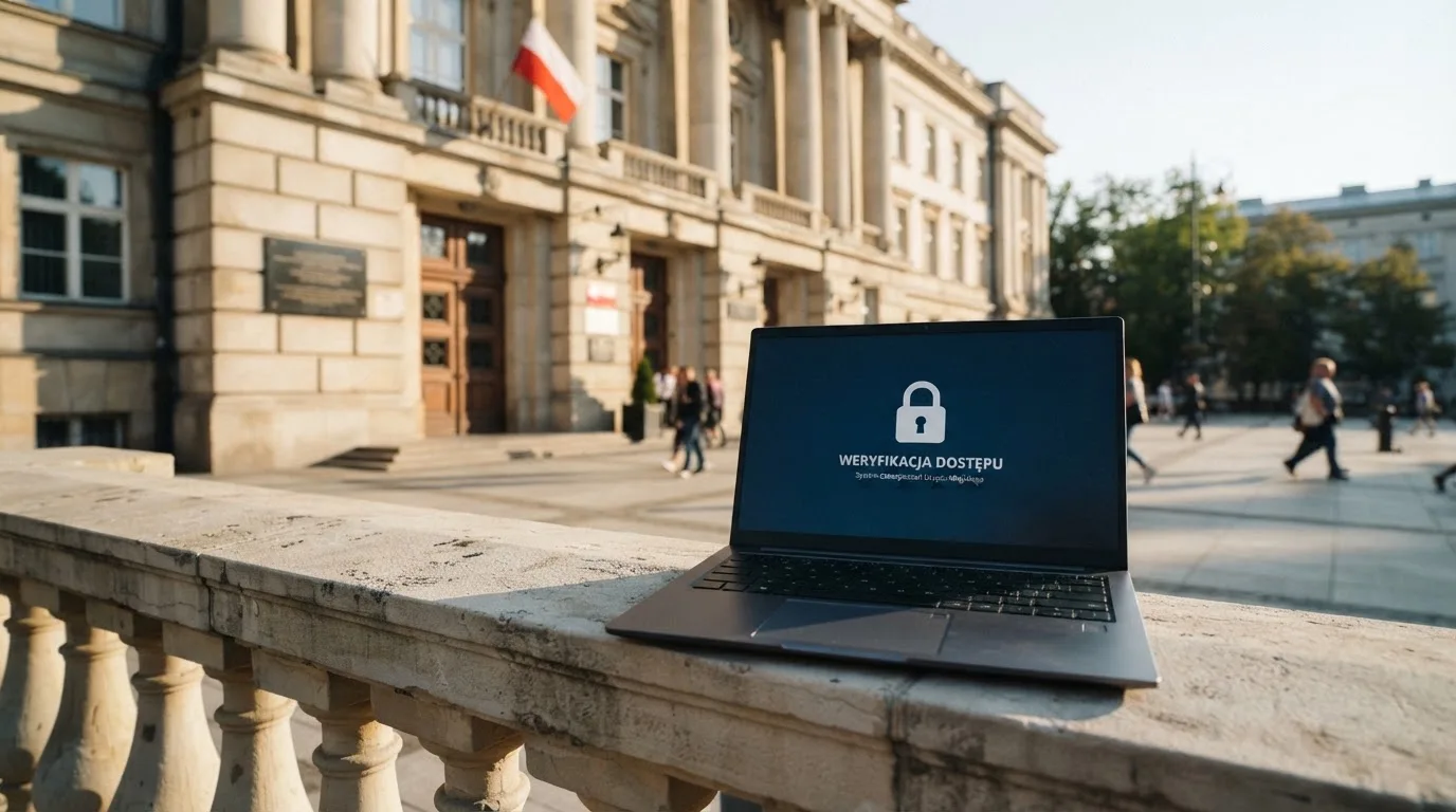Budynek urzędu z tablicą ministerstwa, na pierwszym planie laptop z komunikatem o zablokowanej stronie kasyna