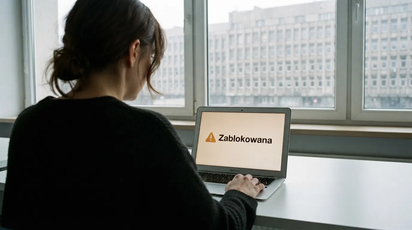 Laptop z komunikatem o zablokowanej stronie hazardowej, w tle budynek urzędu z tablicą ministerstwa