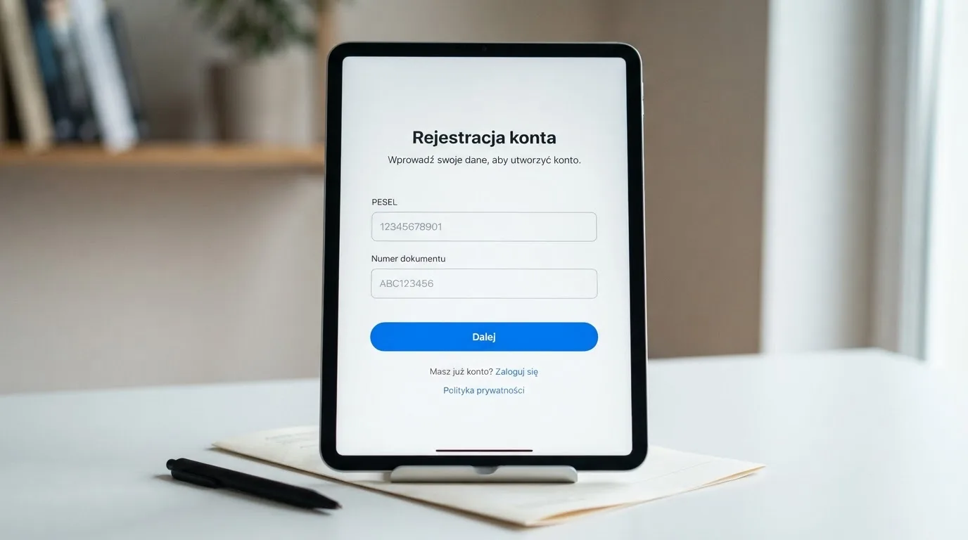 Formularz rejestracji konta gracza z polami na PESEL i numer dokumentu tożsamości na ekranie tabletu