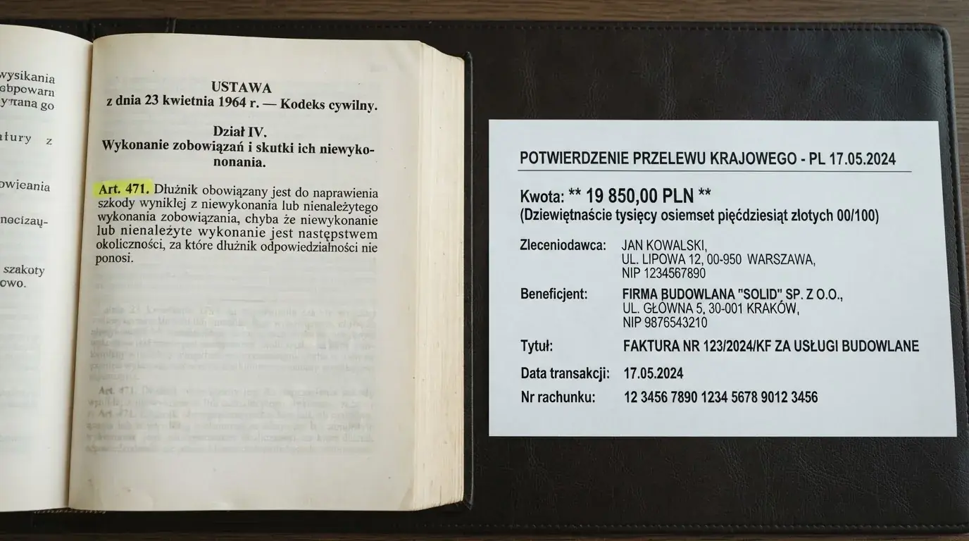 Otwarty tekst ustawy o grach hazardowych z zakreślonym artykułem, obok wydruku potwierdzenia przelewu wygranej