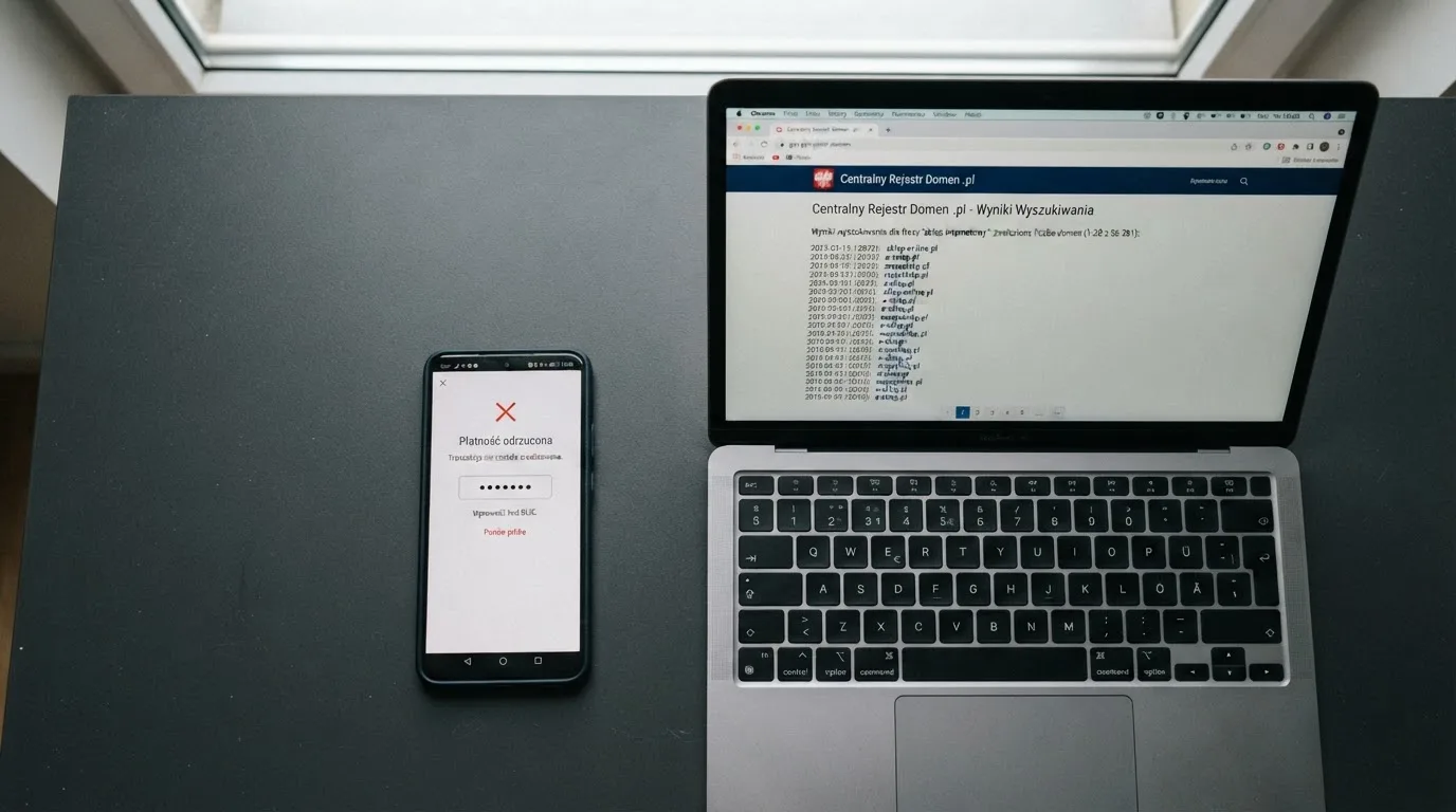 Ekran telefonu z odrzuconą płatnością BLIK obok otwartej w przeglądarce wyszukiwarki rejestru domen Ministerstwa Finansów