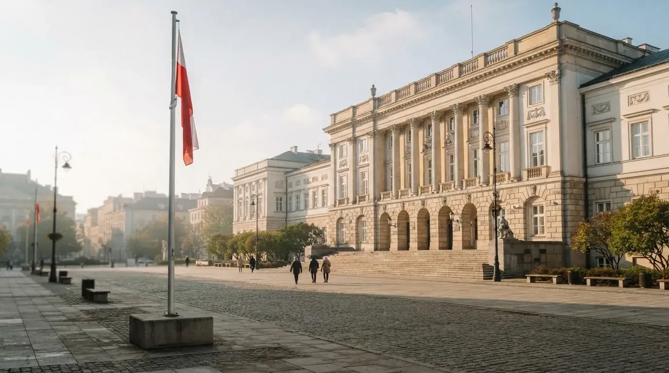 Budynek urzędu administracji państwowej z flagą Polski na maszcie w tle