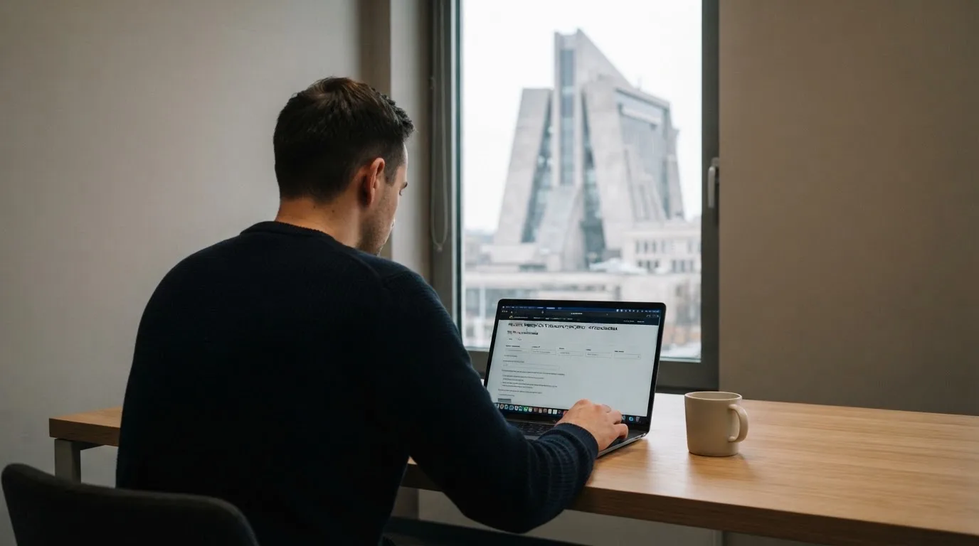 Stos dokumentów urzędowych i pieczęć na biurku, w tle sylwetka budynku administracji publicznej