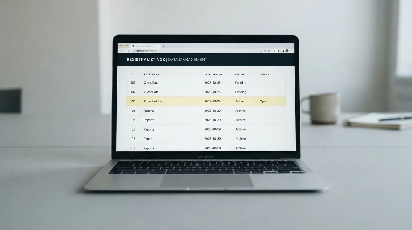 Ekran laptopa z otwartym rejestrem licencji regulatora z Curaçao, w którym jeden wiersz zaznaczono żółtym podświetleniem