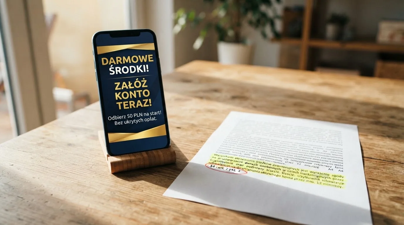Telefon z banerem obiecującym darmowe złotówki za założenie konta, obok wydrukowany tekst ustawy o grach hazardowych z zaznaczonym artykułem