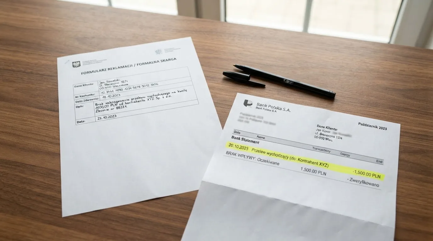 Wydrukowany formularz reklamacji leżący na biurku obok długopisu i wyciągu bankowego z zakreśloną pozycją