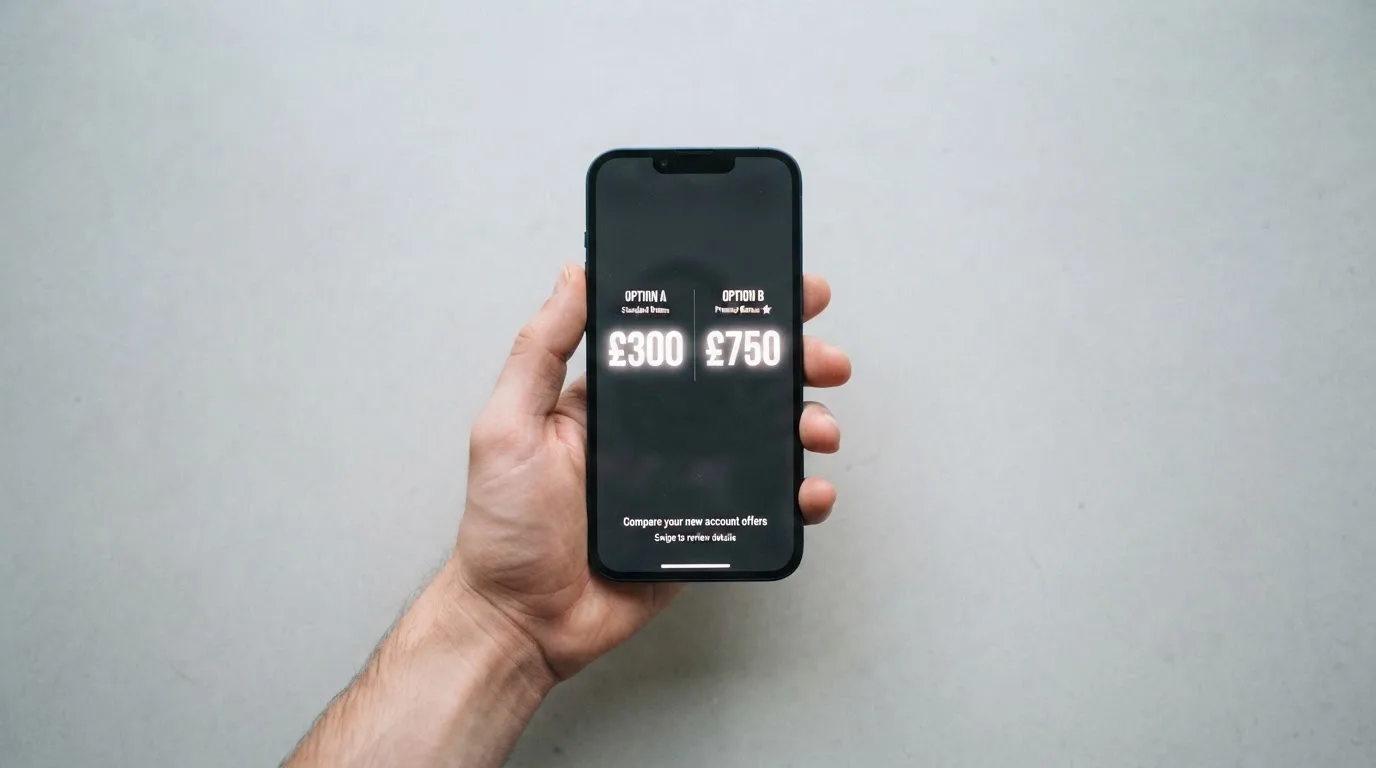 Ręka trzymająca telefon z dwiema podświetlonymi kwotami bonusów obok siebie, symbolizującymi porównanie dwóch ofert.