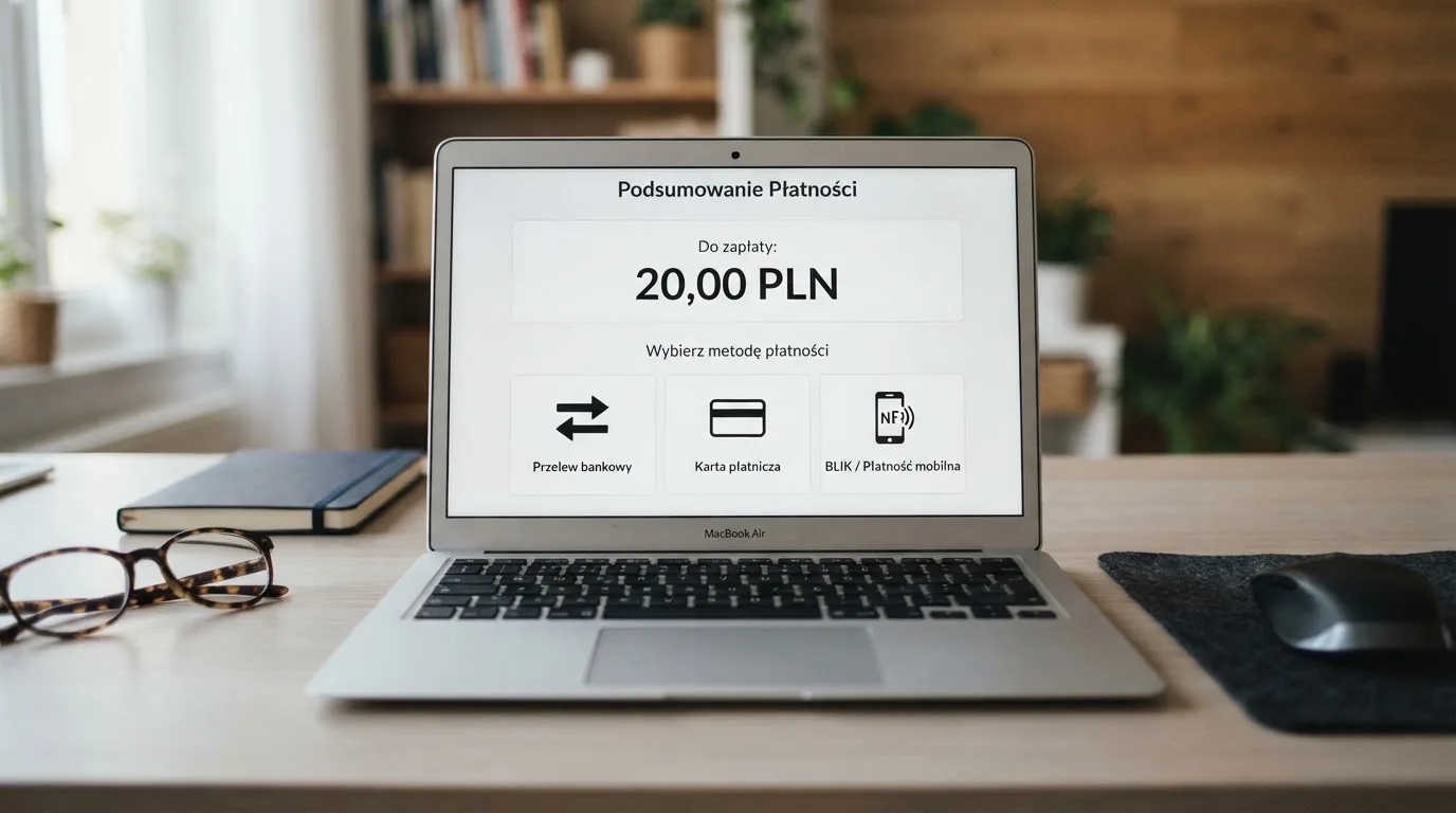 Laptop z otwartym formularzem wpłaty na kwotę 20 zł i wyborem między szybkim przelewem, kartą płatniczą a BLIK-iem